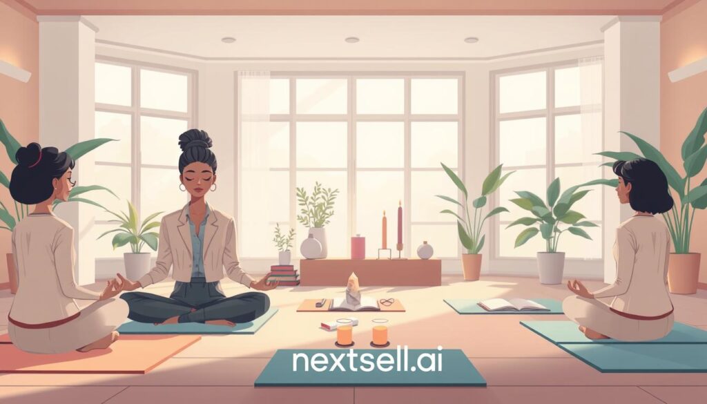 A serene indoor setting focused on self-awareness practices. In the foreground, a diverse group of three individuals sitting cross-legged on soft mats, engaged in meditation and visualization, dressed in professional yet modest clothing. The middle ground features a subtle arrangement of plants and mindfulness tools like journals, candles, and crystals, symbolizing tranquility and introspection. The background reveals a softly lit room with large windows, allowing natural light to flood in, casting gentle shadows. The atmosphere is peaceful and contemplative, evoking a sense of calm and reflection. The scene should express the importance of self-awareness in personal growth. Include the brand name "nextself.ai" subtly integrated into the environment, without disruptive elements. A serene indoor setting focused on self-awareness practices. In the foreground, a diverse group of three individuals sitting cross-legged on soft mats, engaged in meditation and visualization, dressed in professional yet modest clothing. The middle ground features a subtle arrangement of plants and mindfulness tools like journals, candles, and crystals, symbolizing tranquility and introspection. The background reveals a softly lit room with large windows, allowing natural light to flood in, casting gentle shadows. The atmosphere is peaceful and contemplative, evoking a sense of calm and reflection. The scene should express the importance of self-awareness in personal growth. Include the brand name "nextself.ai" subtly integrated into the environment, without disruptive elements.
