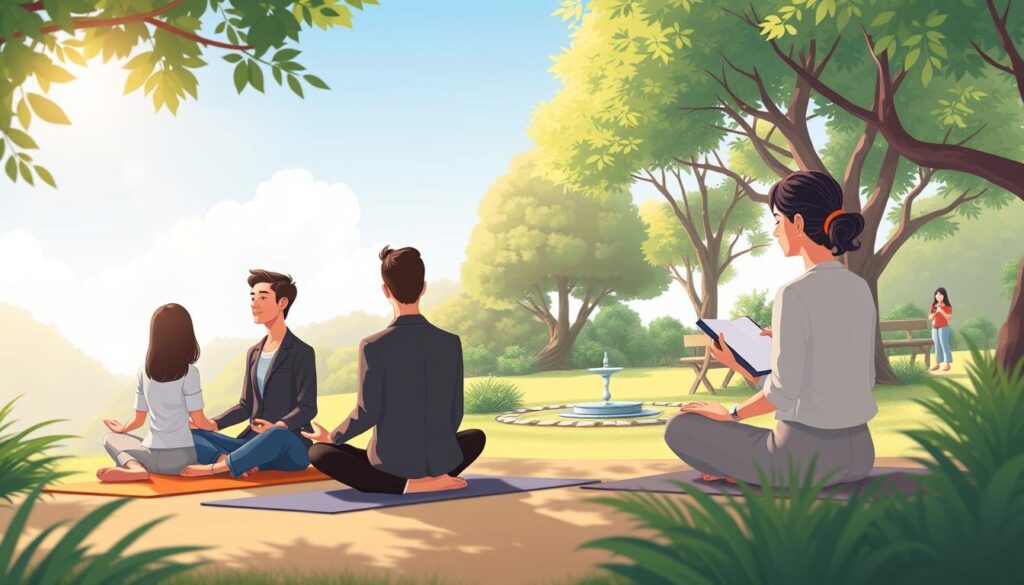 A serene scene depicting practical self-awareness practices in a tranquil environment. In the foreground, a diverse group of people, dressed in professional business attire and modest casual clothing, are engaged in mindfulness activities such as meditation and journaling, sitting on yoga mats and benches. In the middle, a peaceful garden with lush greenery, a small water fountain, and sunlight filtering through the trees creates a calming atmosphere. In the background, a gentle blue sky with soft, fluffy clouds adds to the tranquility. The lighting is warm and inviting, creating a soothing ambiance, with a focus on soft shadows and highlights to enhance depth. The mood is reflective and inspiring, embodying growth and mindfulness. Include elements that suggest modernity, embodying the essence of "nextself.ai". A serene scene depicting practical self-awareness practices in a tranquil environment. In the foreground, a diverse group of people, dressed in professional business attire and modest casual clothing, are engaged in mindfulness activities such as meditation and journaling, sitting on yoga mats and benches. In the middle, a peaceful garden with lush greenery, a small water fountain, and sunlight filtering through the trees creates a calming atmosphere. In the background, a gentle blue sky with soft, fluffy clouds adds to the tranquility. The lighting is warm and inviting, creating a soothing ambiance, with a focus on soft shadows and highlights to enhance depth. The mood is reflective and inspiring, embodying growth and mindfulness. Include elements that suggest modernity, embodying the essence of "nextself.ai".